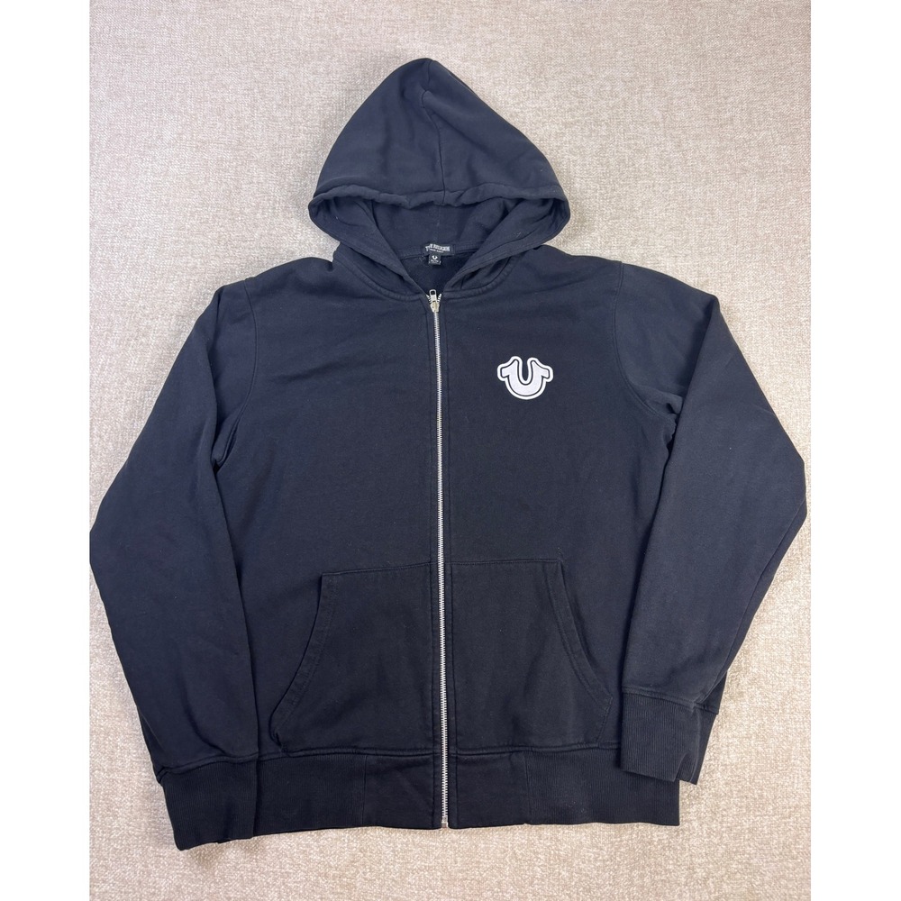 True Religion Mens Black Buddha Logo Full Zip Fleece Hoodie Sweatshirt XL